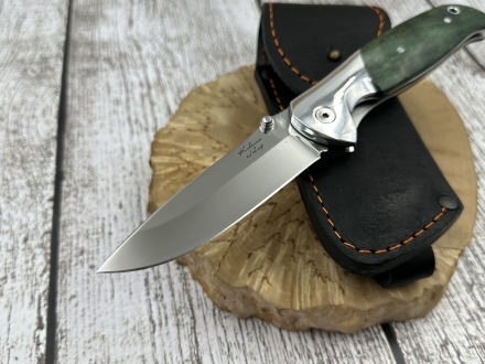 Нож складной Зубр сталь Х12МФ рукоять стабилизированная карельская береза зеленая дюраль