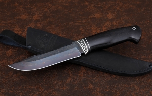 Нож Барракуда сталь дамаск торцевой с воронением рукоять черный граб, мельхиор