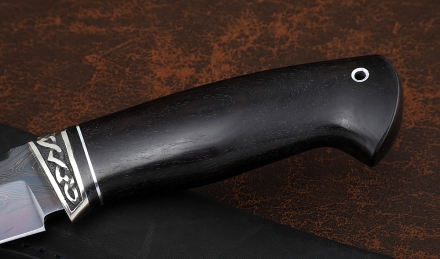 Нож Барракуда сталь дамаск торцевой с воронением рукоять черный граб, мельхиор Нож Барракуда сталь дамаск торцевой с воронением рукоять черный граб, мельхиор