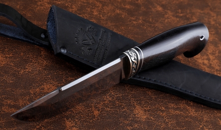 Нож Барракуда сталь дамаск торцевой с воронением рукоять черный граб, мельхиор Нож Барракуда сталь дамаск торцевой с воронением рукоять черный граб, мельхиор
