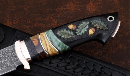 Нож Крот-2 сталь дамаск торцевой рукоять мокуме-гане кость мамонта черный граб резная карельская береза Нож Крот-2 сталь дамаск торцевой рукоять мокуме-гане кость мамонта черный граб резная карельская береза