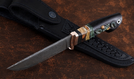 Нож Крот-2 сталь дамаск торцевой рукоять мокуме-гане кость мамонта черный граб резная карельская береза Нож Крот-2 сталь дамаск торцевой рукоять мокуме-гане кость мамонта черный граб резная карельская береза