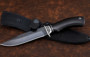 Нож Лидер сталь дамаск торцевой с воронением, рукоять черный граб, мельхиор