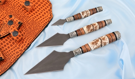 Набор ножей для просфоры Х12МФ карельская береза рог лося мельхиор (черная кожа)