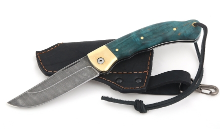 Складной нож Таежник из дамасской стали, рукоять накладки карельская береза стабилизированная зеленая Складной нож Таежник из дамасской стали, рукоять накладки карельская береза стабилизированная зеленая