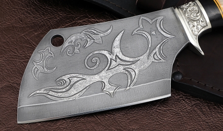 Тяпка №8 сталь Х12МФ, рукоять карельская береза черный граб акрил мельхиор