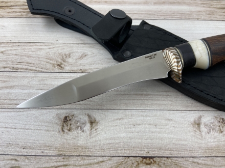 Нож "Белуга" сталь S390, рукоять мокумэ-ганэ,черный граб, бивень моржа и железное дерево (распродажа) 