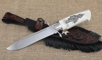 Авторский нож «Шериф» сталь Elmax,рукоять рог лося со скримшоу с формованными ножнами