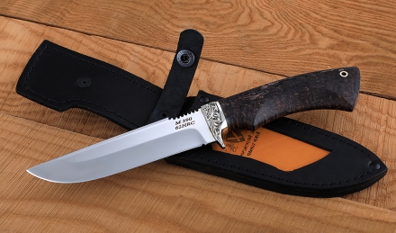 Нож Алтай сталь M390, рукоять карельская береза стабилизированная фиолетовая, мельхиор