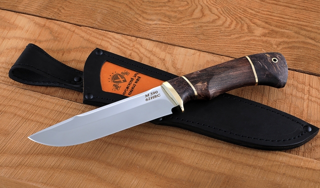 Нож Барракуда сталь M390 рукоять карельская береза стабилизированная коричневая+фиолетовая, латунь 