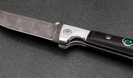 Нож складной Пчак сталь дамаск накладки черный граб с мусульманским значком