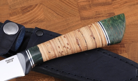 Нож Лиса сталь 95х18, рукоять  береста и карельская береза зеленая 