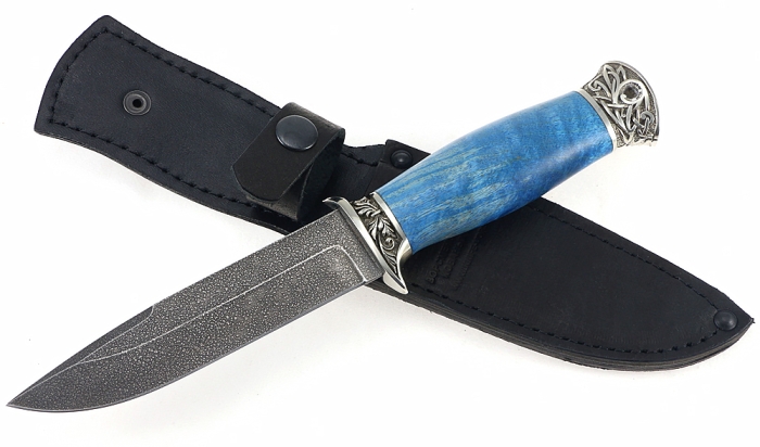 Нож Лидер сталь ХВ-5, рукоять карельская береза стабилизированная синяя, мельхиор