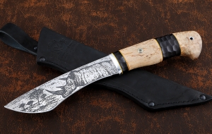 Нож Каратель сталь Х12МФ художественное травление, рукоять карельская береза черный граб
