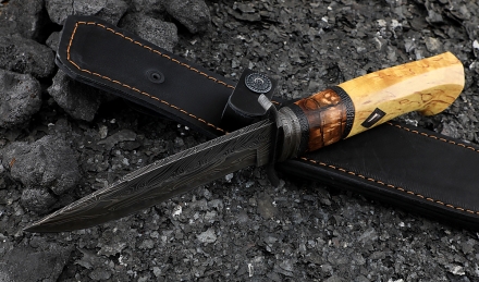 Авторский Нож Лидер сталь дамаск торцевой, рукоять кость мамонта отборный кап клёна янтарь Авторский Нож Лидер сталь дамаск торцевой, рукоять кость мамонта отборный кап клёна янтарь