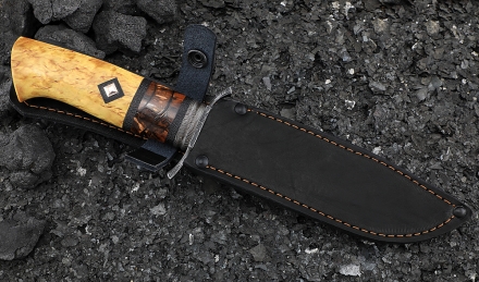 Авторский Нож Лидер сталь дамаск торцевой, рукоять кость мамонта отборный кап клёна янтарь Авторский Нож Лидер сталь дамаск торцевой, рукоять кость мамонта отборный кап клёна янтарь