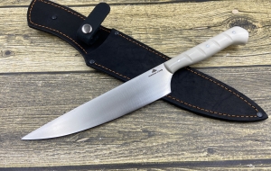 Кухонный нож №1 цельнометаллический сталь х12мф сатин, накладки акрил белый (распродажа)