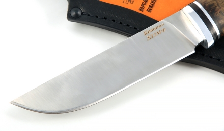 Нож Крот-2 сталь Х12МФ(сатин), рукоять карельская береза стабилизированная коричневая Нож Крот-2 сталь Х12МФ(сатин), рукоять карельская береза стабилизированная коричневая