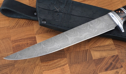 Нож Филейка средняя сталь дамаск рукоять акрил коричневый и черный граб Нож Филейка средняя сталь дамаск рукоять акрил коричневый и черный граб