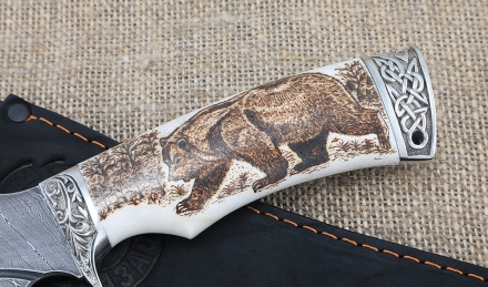 Авторский нож Легионер сталь дамаск с долом, рукоять мельхиор и рог лося с выжиганием 