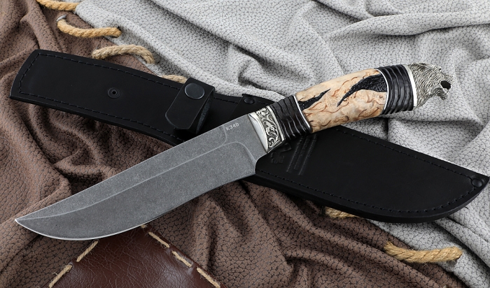 Нож Катран сталь К340, рукоять карельская береза черный граб, мельхиор
