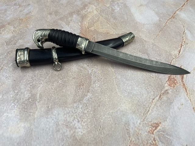Нож Малыш-1, дамаск, рукоять и ножны черный граб (распродажа) 
