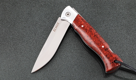 Складной нож Лиса, сталь Elmax, рукоять накладки акрил красный с дюралью Складной нож Лиса, сталь Elmax, рукоять накладки акрил красный с дюралью