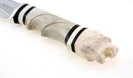 Нож Барс сталь Elmax рукоять рог лося резная ножны дерево черный граб с инкрустацией 1