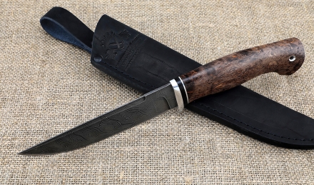 Нож Гюрза сталь дамаск рукоять карельская береза коричневая Нож Гюрза сталь дамаск рукоять карельская береза коричневая