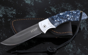 Складной нож Беркут, сталь булат, рукоять накладки акрил синий с дюралью Складной нож Беркут, сталь булат, рукоять накладки акрил синий с дюралью