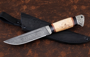Нож Налим сталь дамаск с долом, рукоять карельская береза-черный граб,мельхиор
