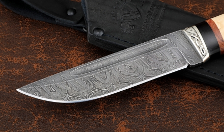 Нож Налим сталь дамаск с долом, рукоять карельская береза-черный граб,мельхиор
