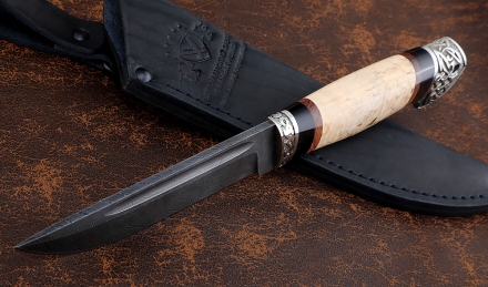Нож Налим сталь дамаск с долом, рукоять карельская береза-черный граб,мельхиор