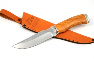 Нож из стали S390 «Алтай» рукоять карельская береза стабилизированная янтарь, мельхиор без упора