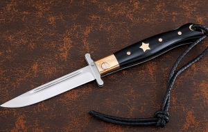 Премиум Нож Финка НКВД складная сталь S390 мокуме-гане черный акрил с золотой звездой и винтами