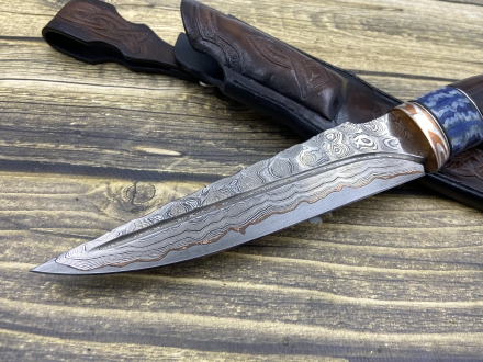 Нож "Стрела" сталь ламинированный дамаск с медью рукоять железное дерево и зуб мамонта, мокумэ-ганэ (распродажа) 