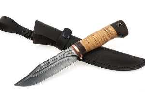Нож Дельфин сталь дамаск полный камень рукоять береста