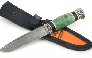 Нож Лидер сталь дамаск торцевой, рукоять карельская береза стабилизированная изумруд+ черный граб, мельхиор