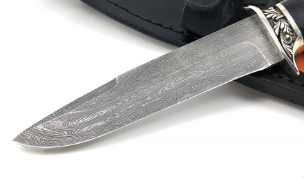 Нож Лидер сталь дамаск торцевой, рукоять карельская береза стабилизированная изумруд+ черный граб, мельхиор Нож Лидер сталь дамаск торцевой, рукоять карельская береза стабилизированная изумруд+ черный граб, мельхиор