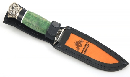 Нож Лидер сталь дамаск торцевой, рукоять карельская береза стабилизированная изумруд+ черный граб, мельхиор Нож Лидер сталь дамаск торцевой, рукоять карельская береза стабилизированная изумруд+ черный граб, мельхиор