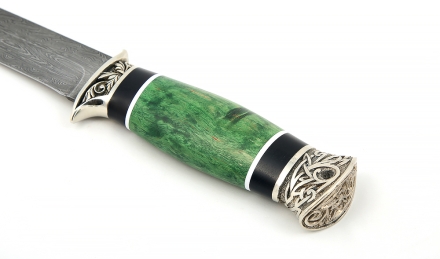 Нож Лидер сталь дамаск торцевой, рукоять карельская береза стабилизированная изумруд+ черный граб, мельхиор Нож Лидер сталь дамаск торцевой, рукоять карельская береза стабилизированная изумруд+ черный граб, мельхиор