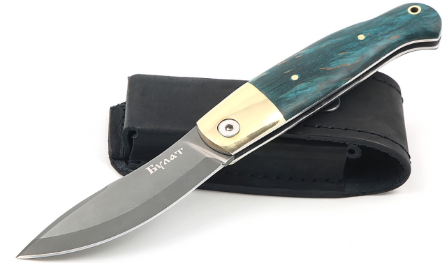 Нож Клык, складной, сталь булат, рукоять накладки карельская береза стабилизированная изумруд 