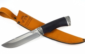 Нож из стали S390 Барракуда рукоять карельская береза стабилизированная фиолетовая, мельхиор