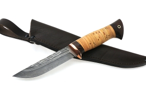 Нож Снегирь сталь дамаск камень рукоять береста Нож Снегирь сталь дамаск камень рукоять береста