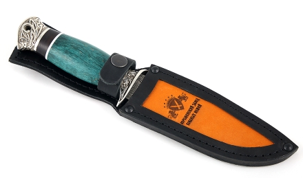 Нож Лидер, сталь дамаск ламинированный, рукоять карельская береза стабилизированная изумруд, мельхиор