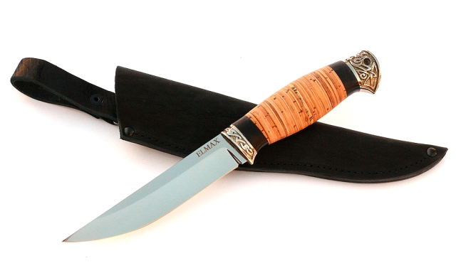 Нож Тритон-2 сталь ELMAX, рукоять береста-черный граб,мельхиор 