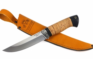 Нож из стали S390 Гриф рукоять береста + черный граб, мельхиор