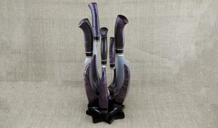 Кухонный набор ножей из стали ВН-01 с никелем рукоять карельская береза фиолетовая на подставке Кухонный набор ножей из стали ВН-01 с никелем рукоять карельская береза фиолетовая на подставке