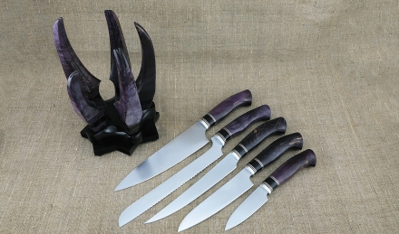 Кухонный набор ножей из стали ВН-01 с никелем рукоять карельская береза фиолетовая на подставке Кухонный набор ножей из стали ВН-01 с никелем рукоять карельская береза фиолетовая на подставке