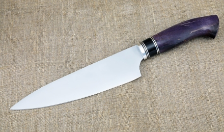 Кухонный набор ножей из стали ВН-01 с никелем рукоять карельская береза фиолетовая на подставке Кухонный набор ножей из стали ВН-01 с никелем рукоять карельская береза фиолетовая на подставке